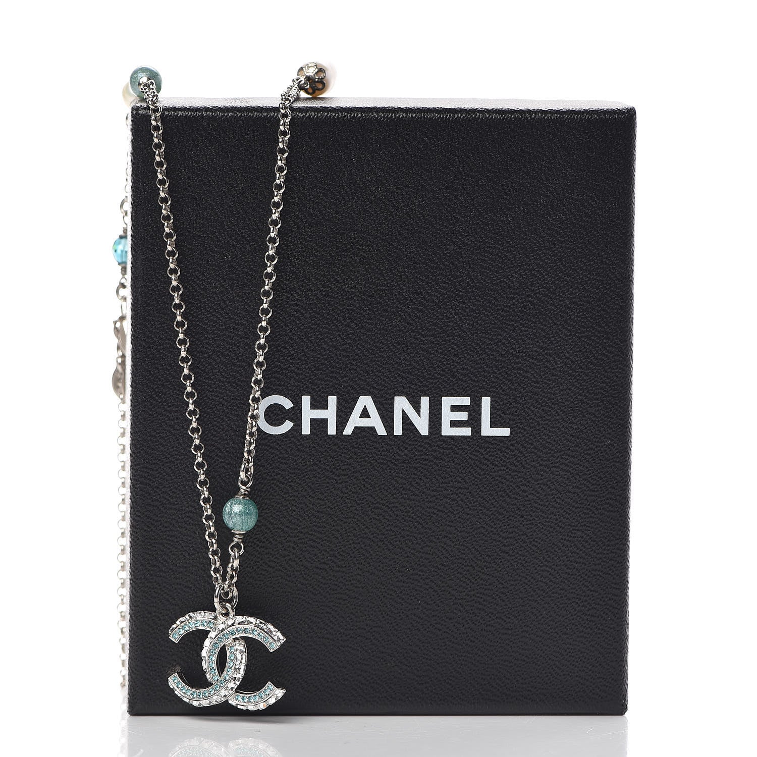 Chanel Crystal Pearl Bead CC Necklace Silver Green Blue 7 of 7