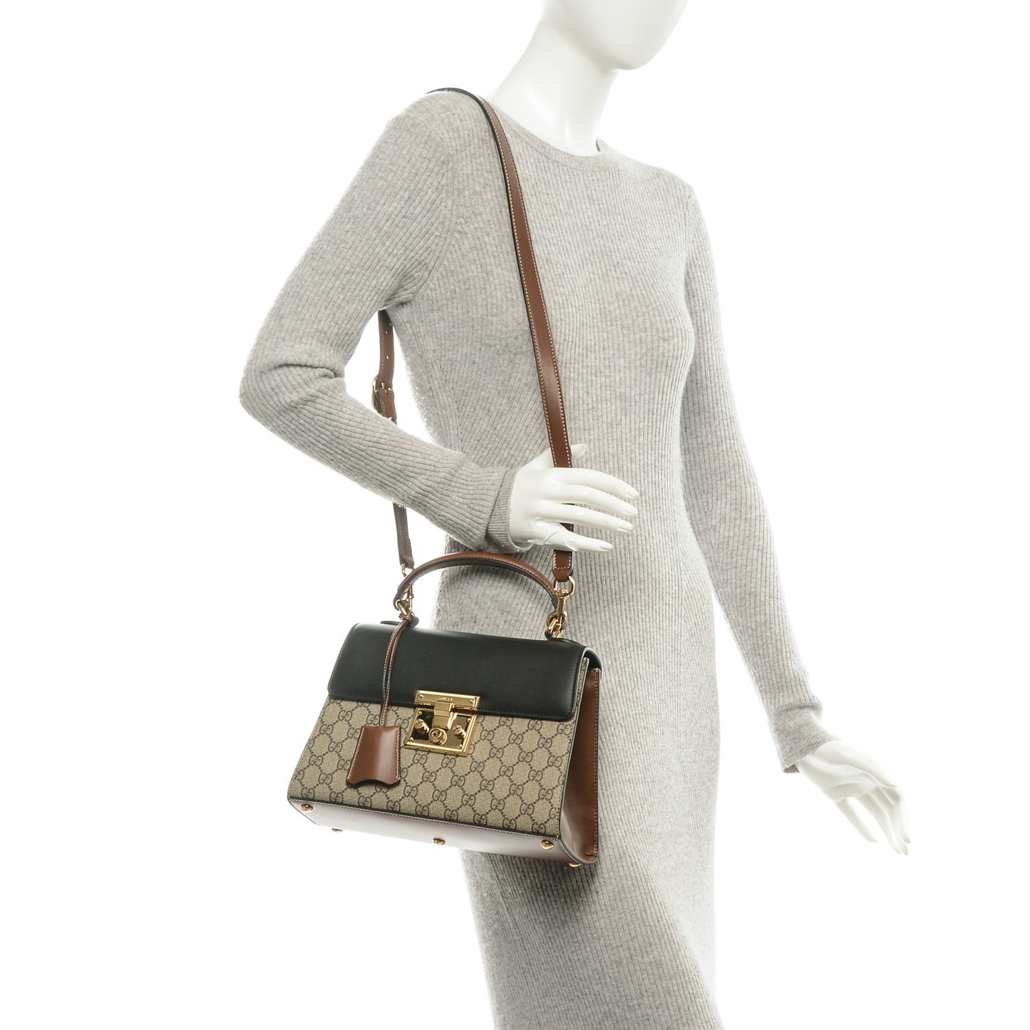 GG Supreme Monogram Calfskin Small Padlock Top Handle Bag Beige Black Cuir