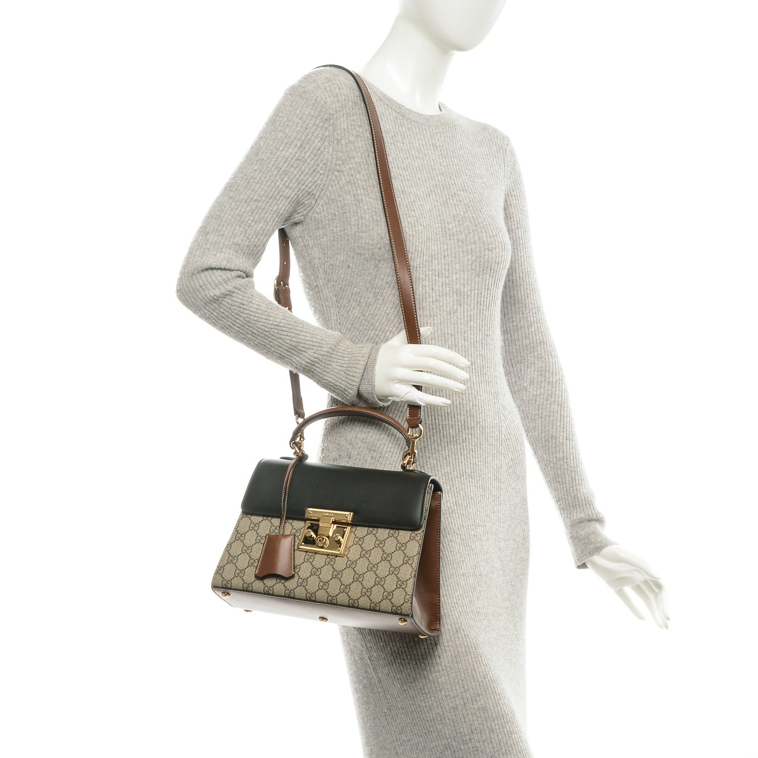 Gucci GG Supreme Monogram Calfskin Small Padlock Top Handle Bag Beige Black Cuir 2 of 6