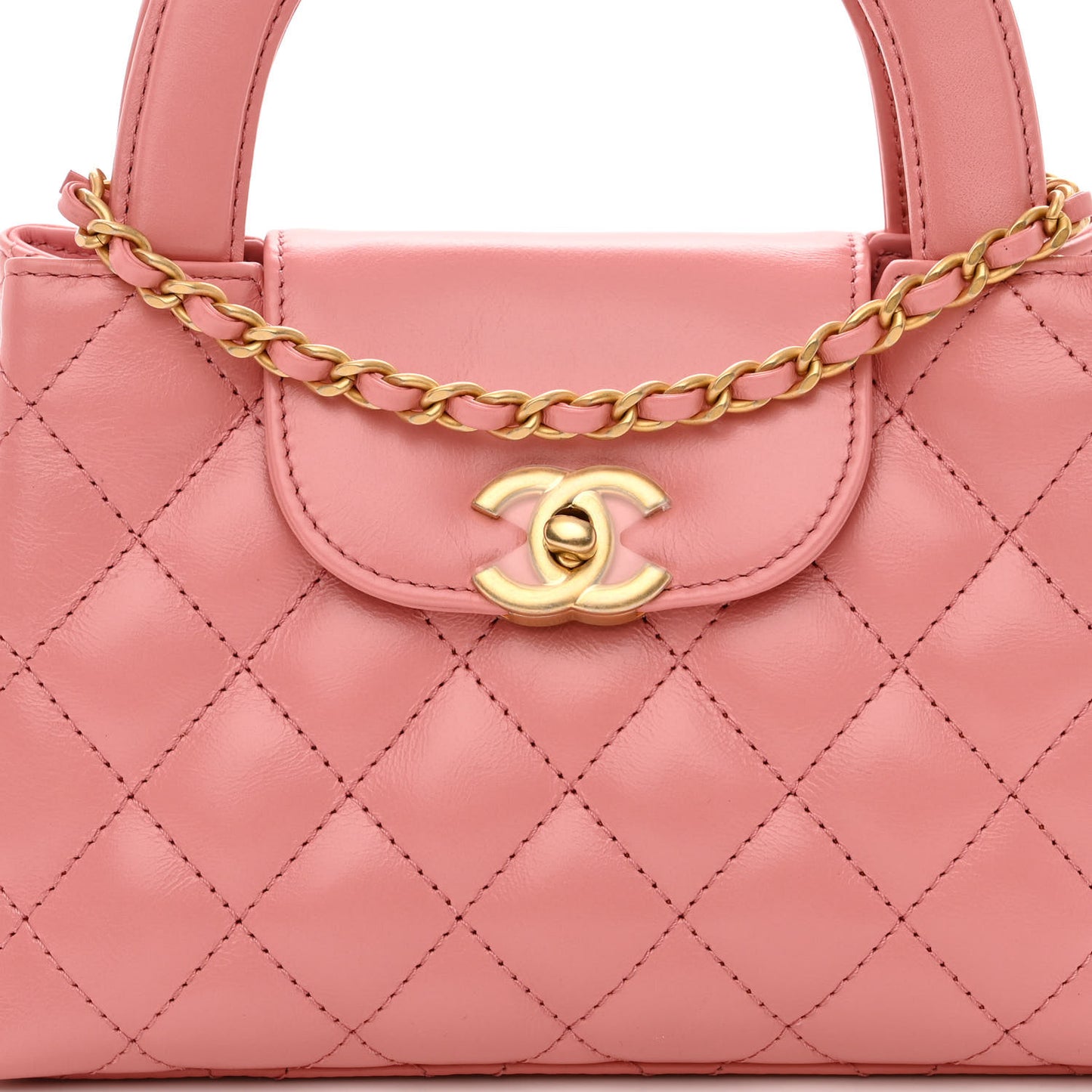 Shiny Aged Calfskin Quilted Nano Kelly Shopper Coral Pink