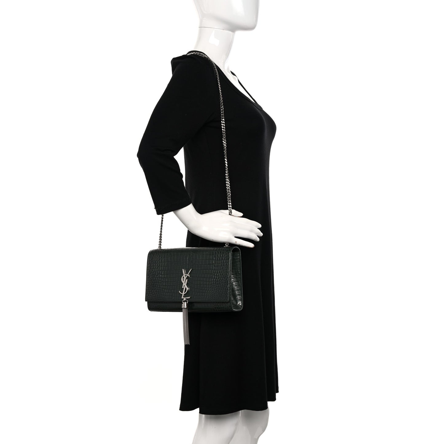 Calfskin Crocodile Embossed Medium Classic Monogram Kate Tassel Satchel Dark Mint