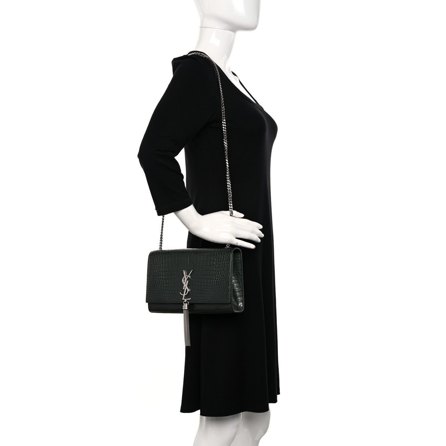 Saint Laurent Calfskin Crocodile Embossed Medium Classic Monogram Kate Tassel Satchel Dark Mint 2 of 10
