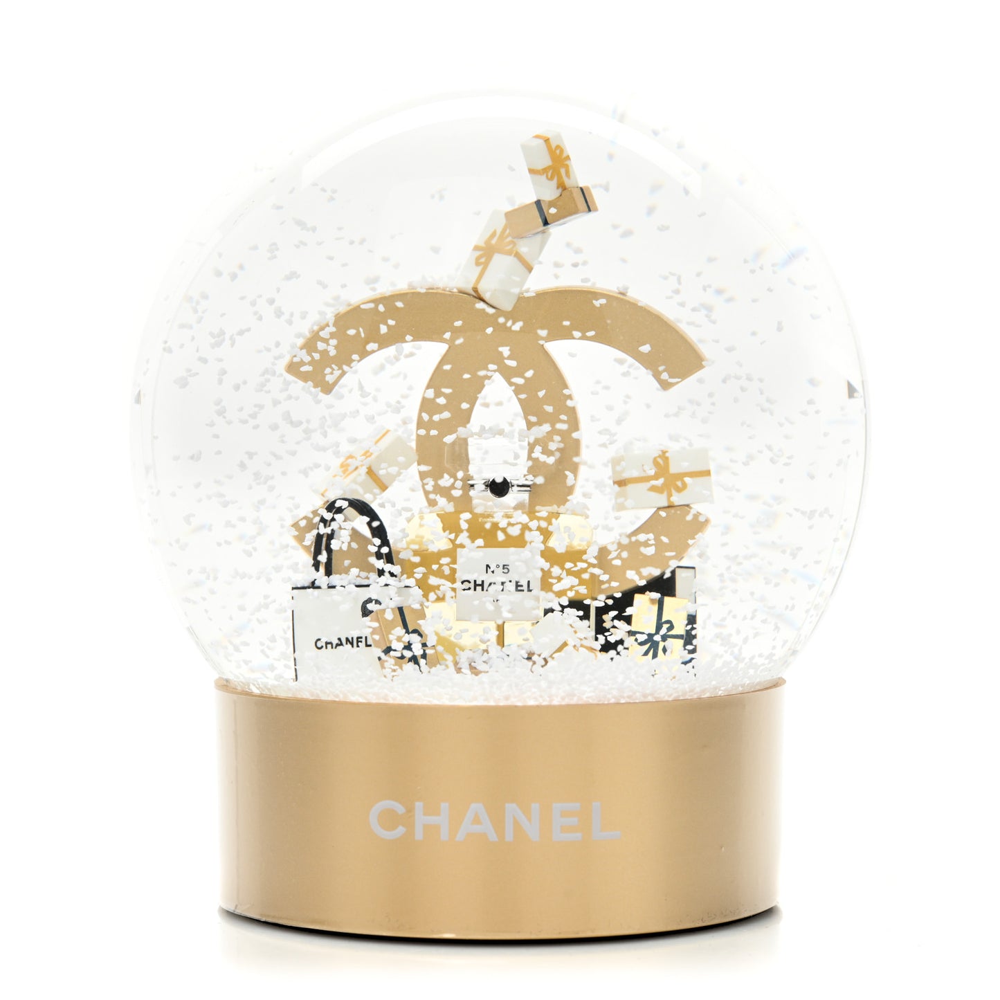 Glass CC Shopping Bag Snow Globe Gold