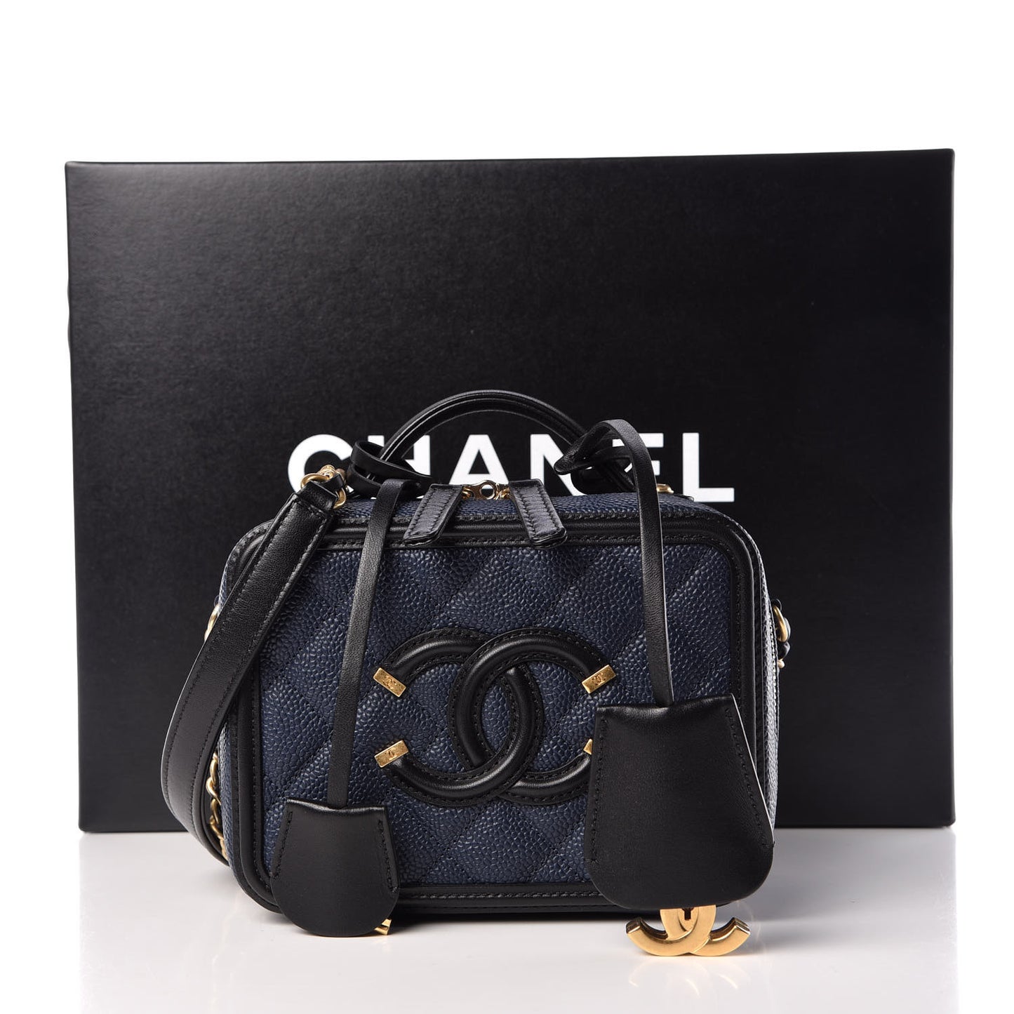 Caviar Quilted Small CC Filigree Vanity Case Navy Black
