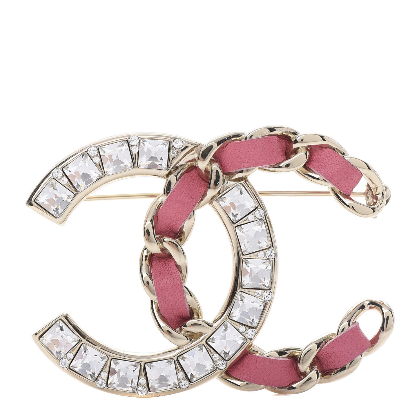 Lambskin Baguette Crystal CC Chain Brooch Pink Gold