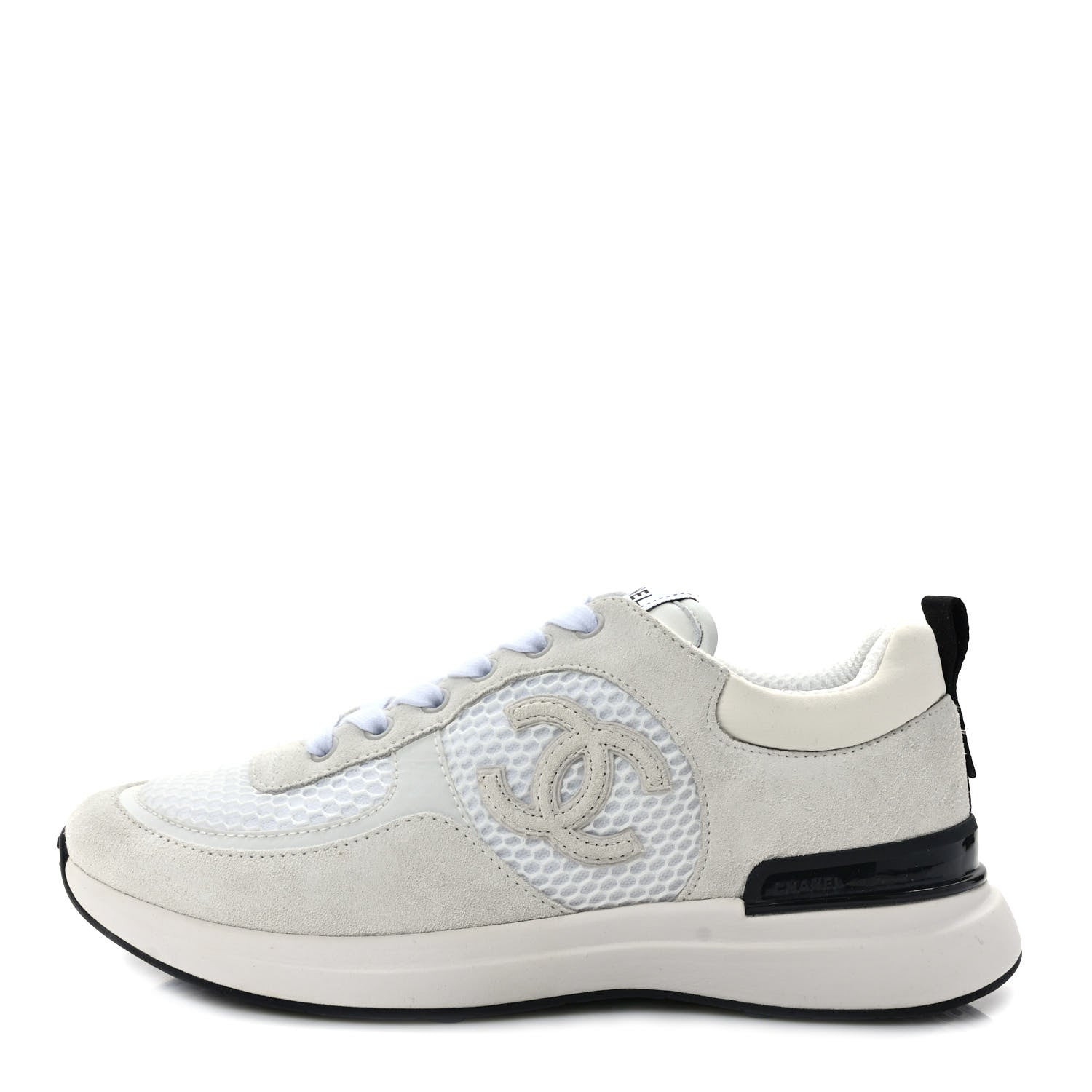 Chanel Calfskin Mesh Lycra Suede Womens Logo Sneakers 37 White 1 of 10
