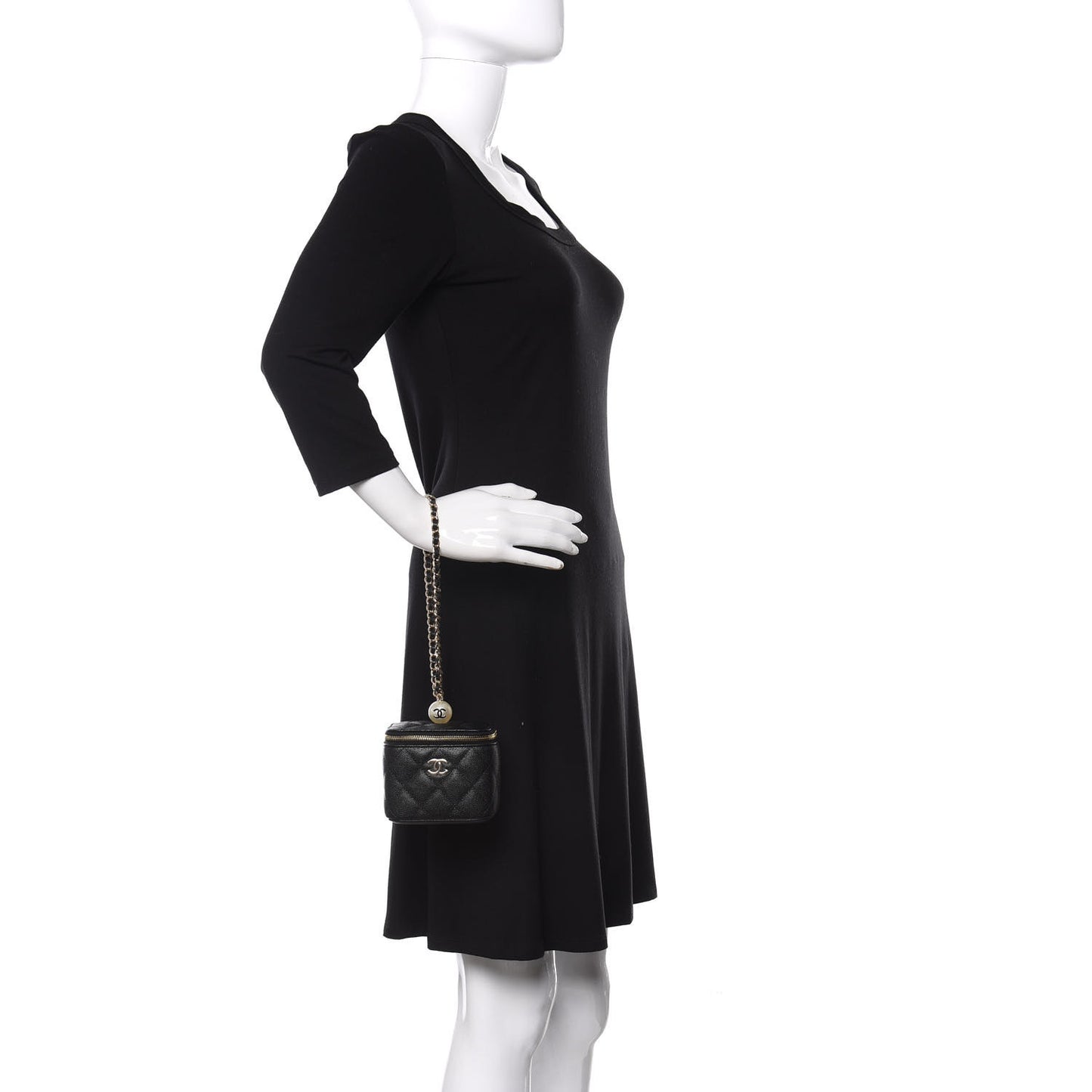 Caviar Quilted Mini Pearl On Top Vanity Case With Chain Black