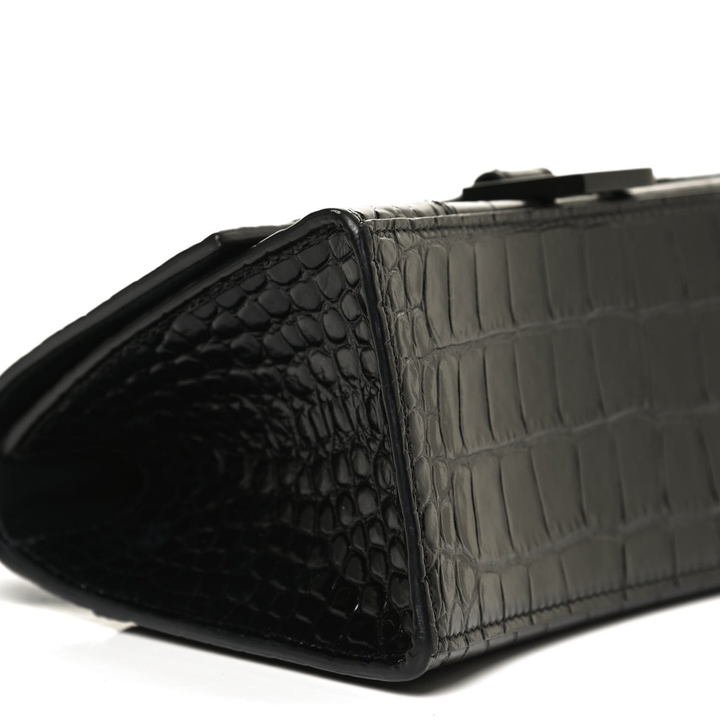 Shiny Calfskin Monochrome Crocodile Embossed Small Hourglass Top Handle Bag Black