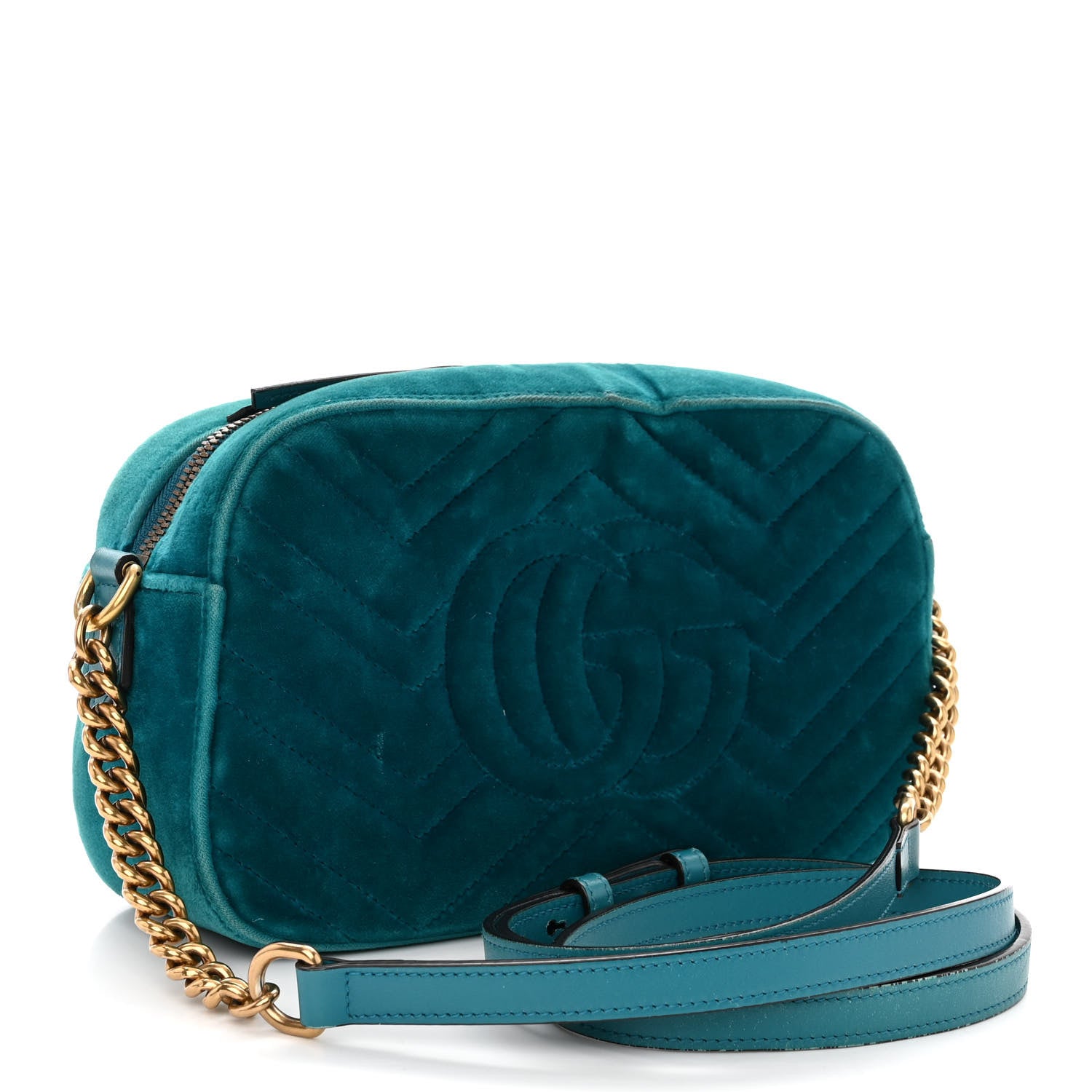 Gucci Velvet Matelasse Small GG Marmont Chain Shoulder Bag Pavone Cyan 3 of 13