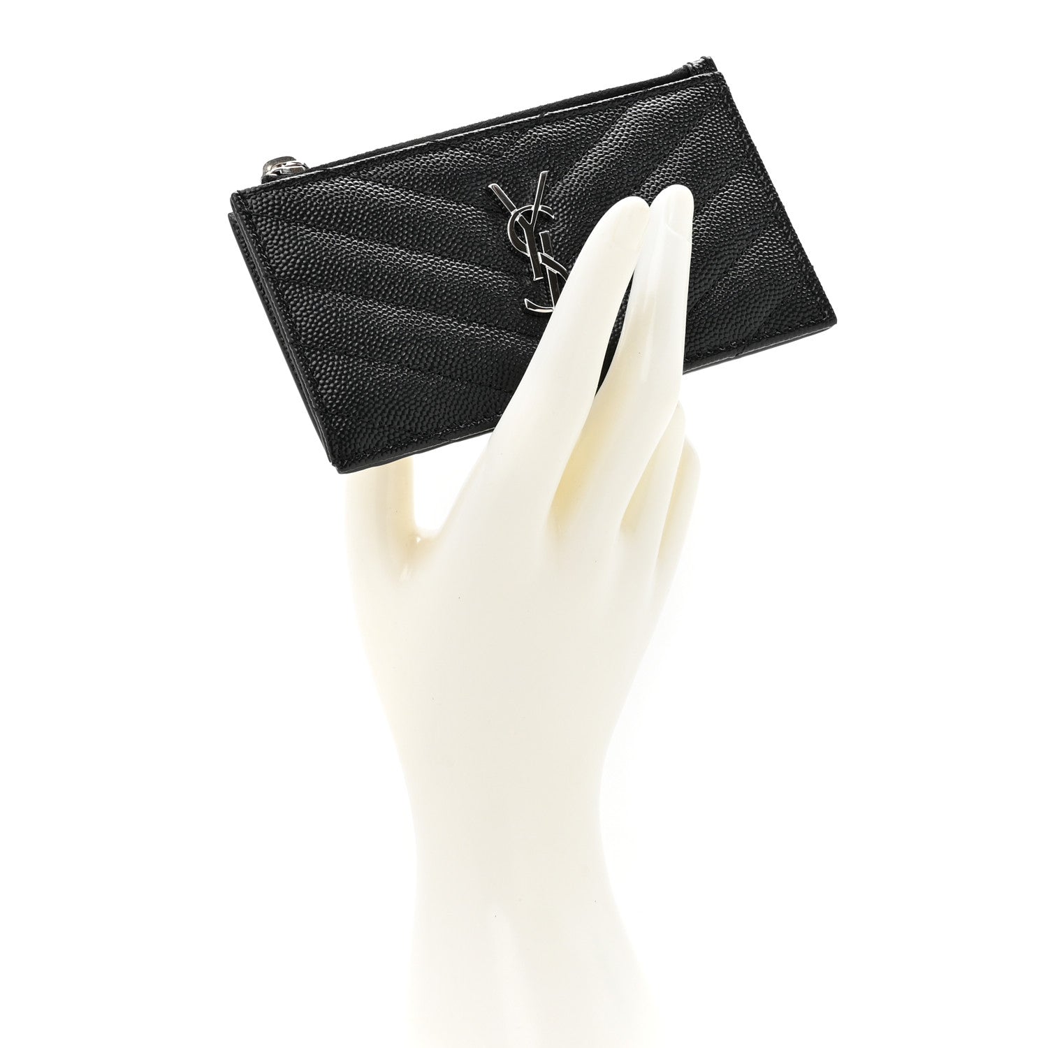 Saint Laurent Grain De Poudre Matelasse Chevron Monogram Fragments Zippered Card Case Black 2 of 8