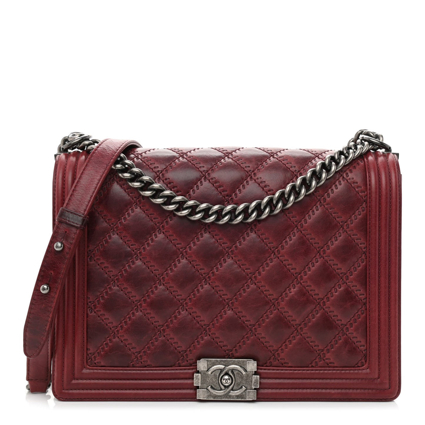 Calfskin Quilted Double Stitch Large Boy Flap Burgundy