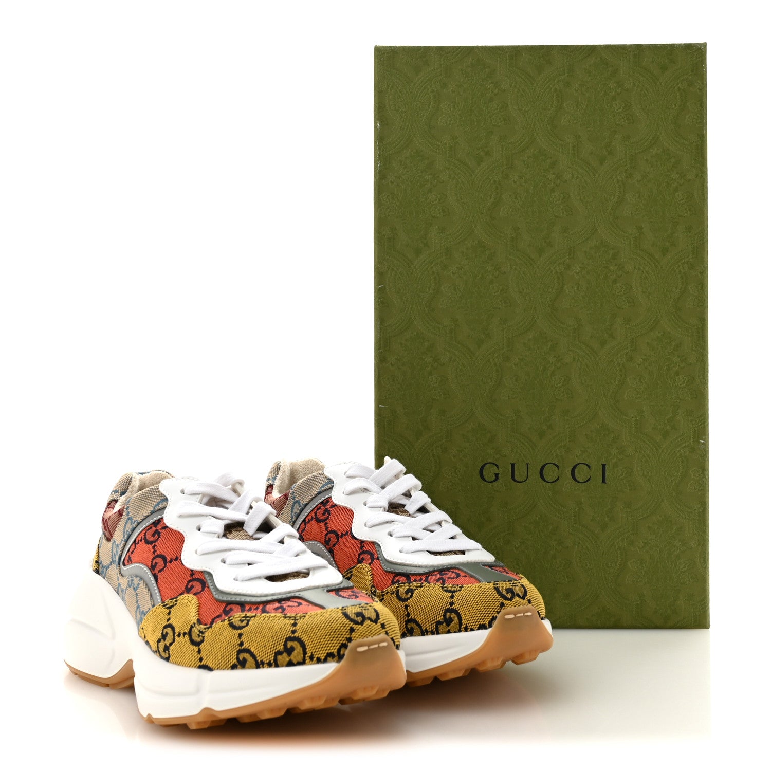 Gucci Monogram Multicolor Demetra Womens Rhyton Sneakers 35.5 Yellow Blue Great White Tabasco 9 of 9