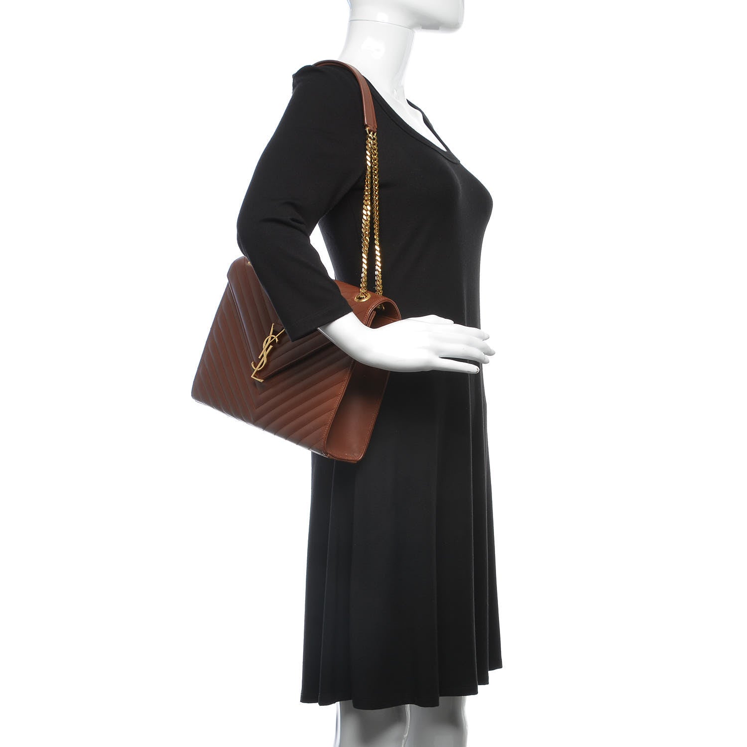 Saint Laurent Smooth Calfskin Matelasse Chevron Large Monogram Satchel Brown 2 of 17