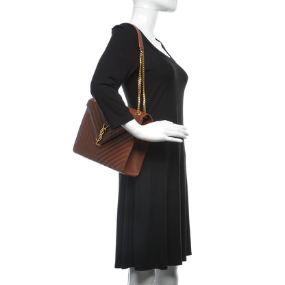 Saint Laurent Smooth Calfskin Matelasse Chevron Large Monogram Satchel Brown 2 of 17
