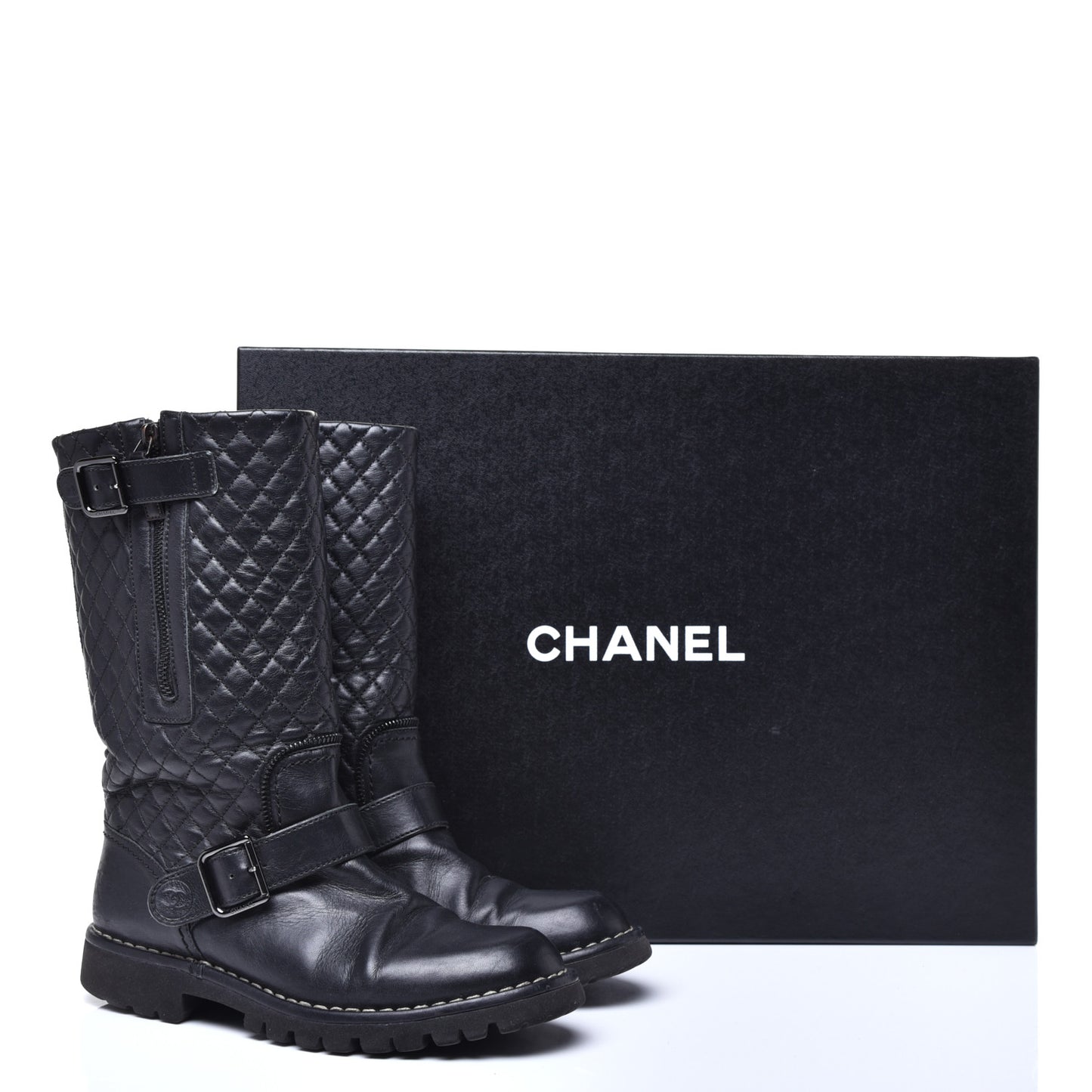 Calfskin Quilted Biker Boots 36.5 Black