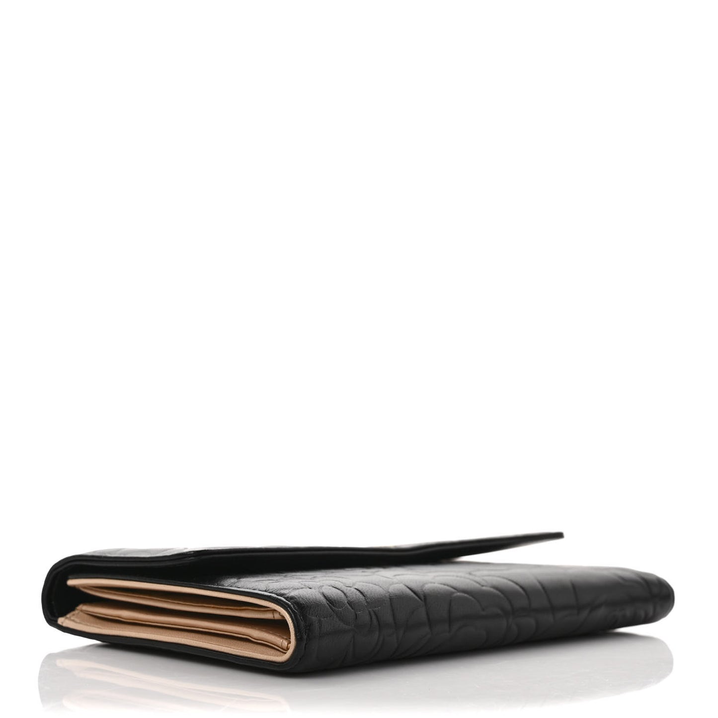 Lambskin Embossed Camellia Large Gusset Flap Wallet Black