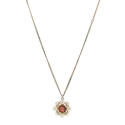 Chanel Gripoix Pearl Crystal CC Pendant Necklace Red Gold 1 of 10
