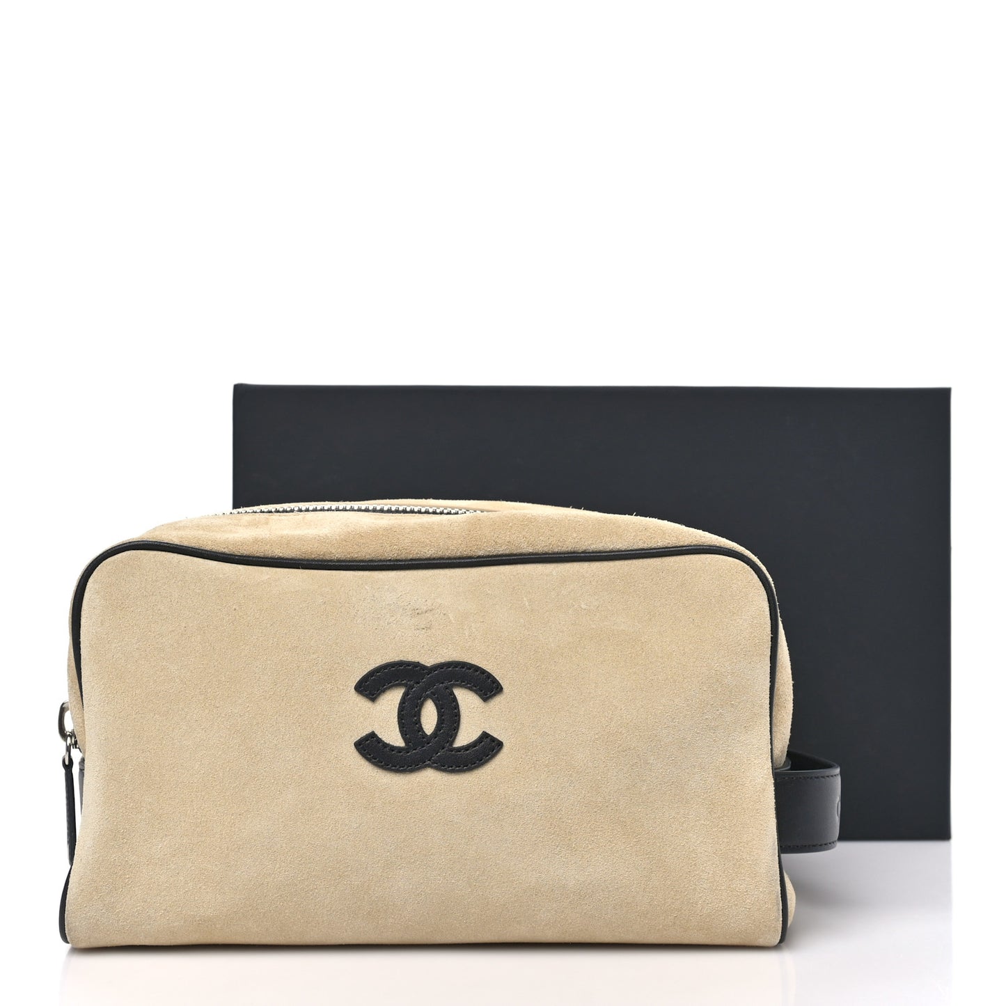 Suede Calfskin Large Zipped Pouch Beige