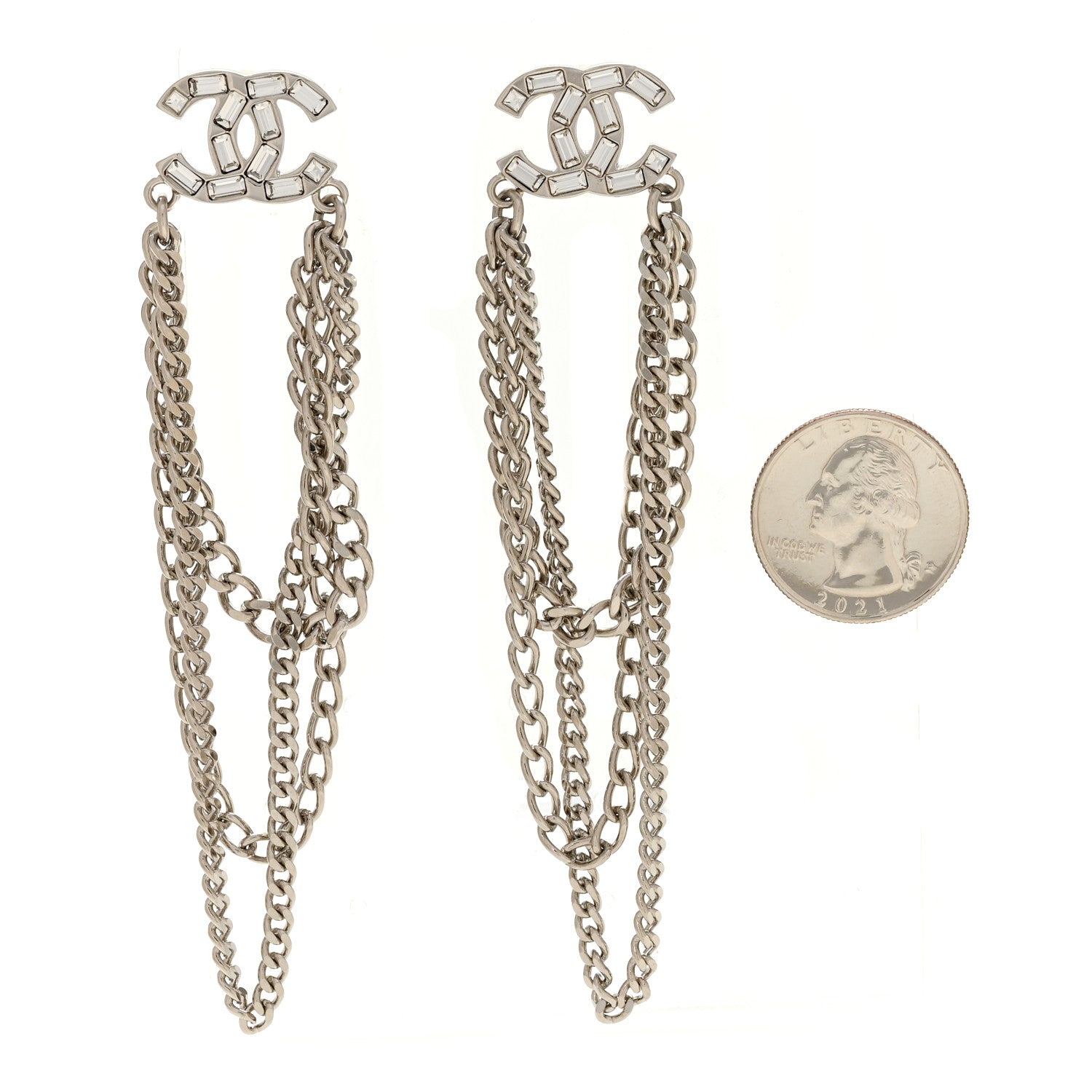 Chanel Crystal Baguette CC Chain Drop Earrings Silver 2 of 5
