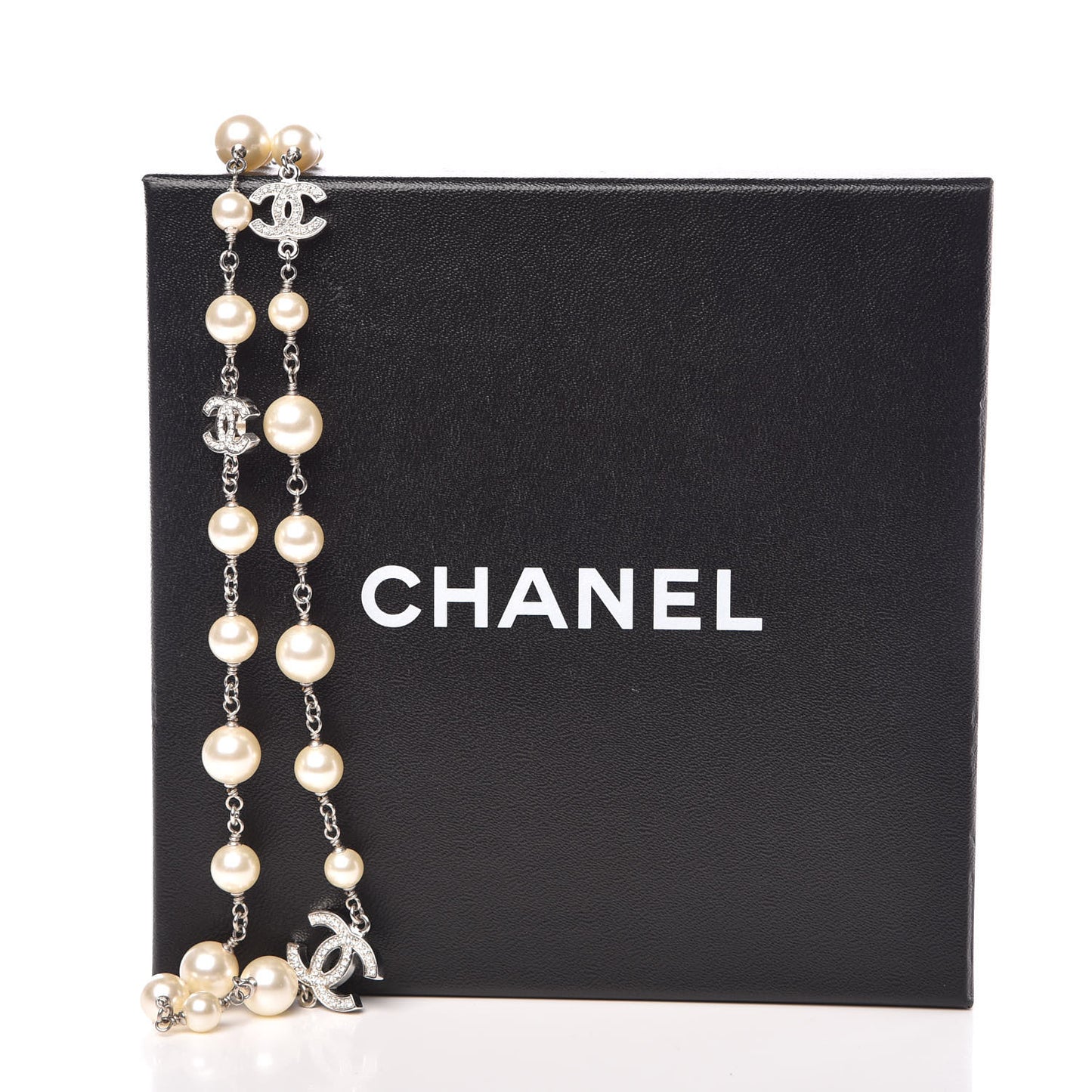 Crystal Pearl CC Long Necklace Silver