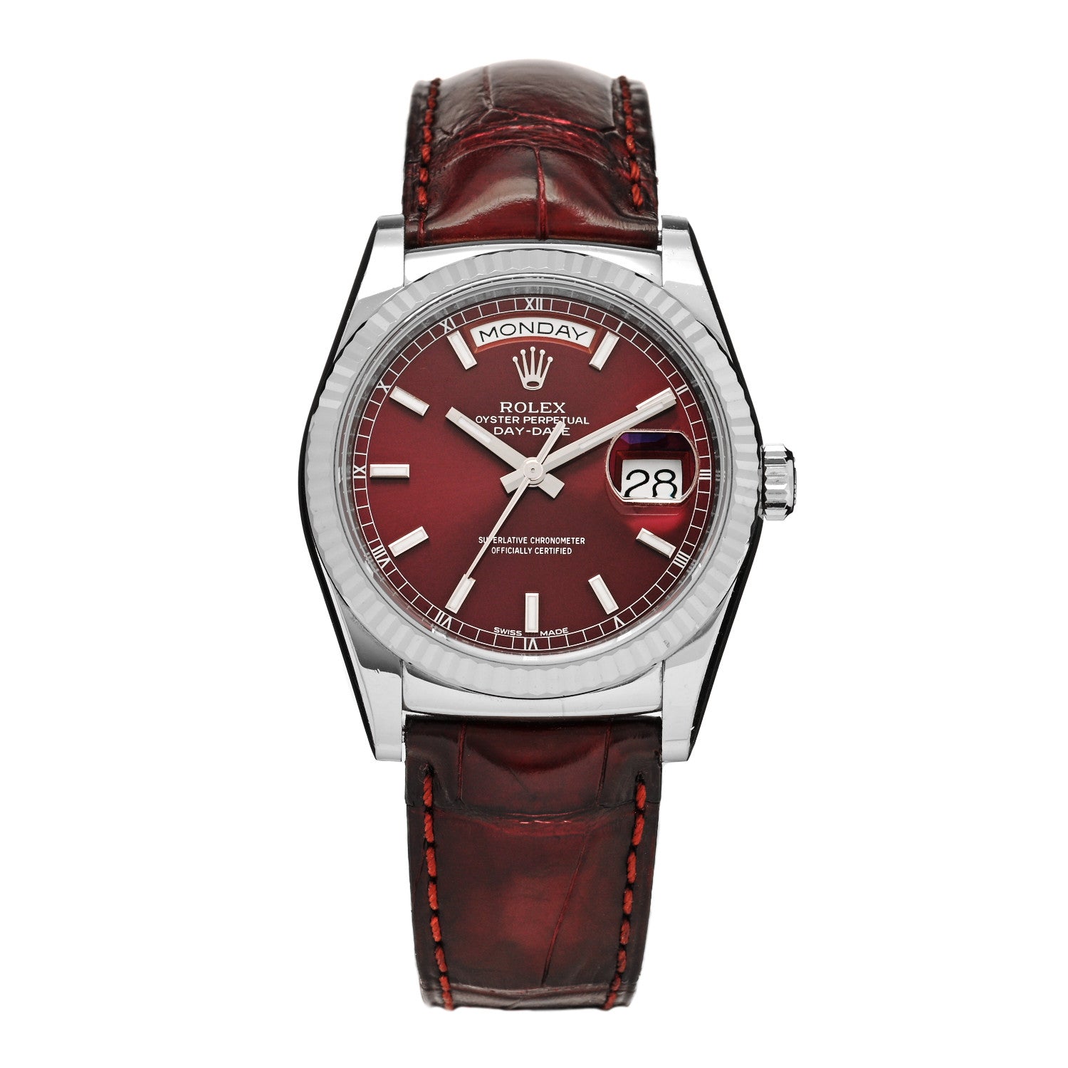 Rolex Stainless Steel 18K White Gold Alligator 36mm Day-Date Watch Cherry 118139 1 of 5