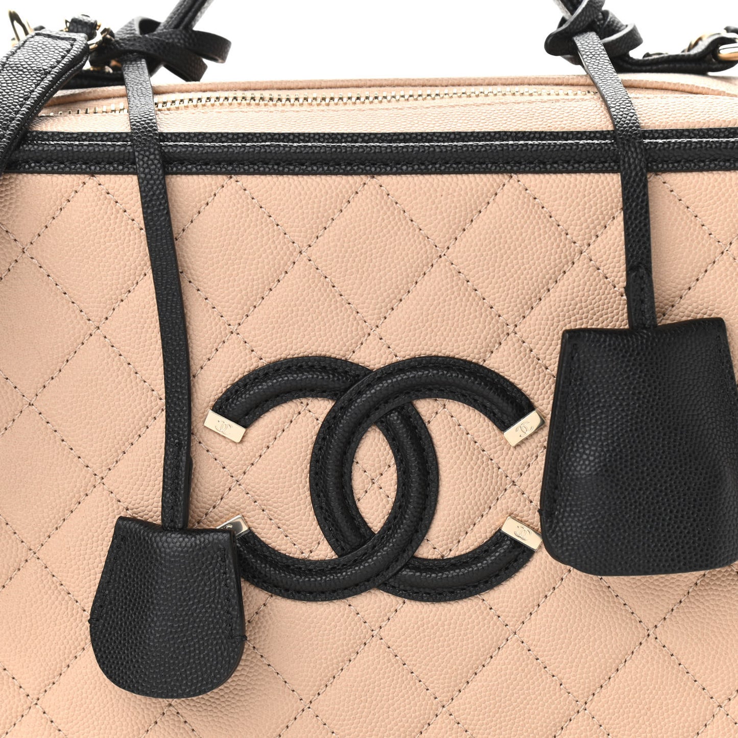 Caviar Quilted Large CC Filigree Vanity Case Beige Black