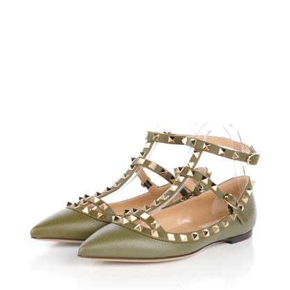 Valentino Garavani Pebbled Calfskin Rockstud Cage Ballerina Flats 36 Army Green 3 of 9