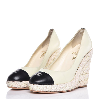 Chanel Lambskin Cap Toe Espadrille Wedge Pumps 40 Beige Black 3 of 20