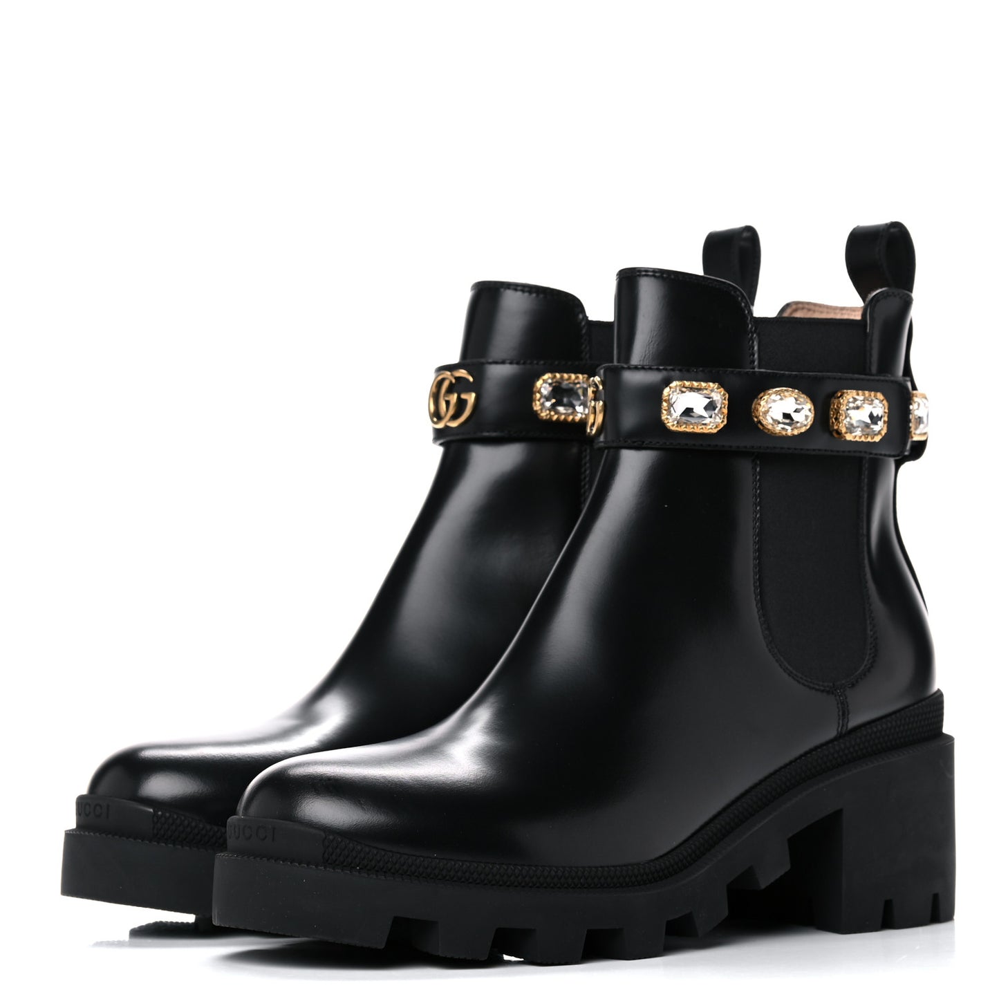 Calfskin Crystal GG Trip Chelsea Ankle Boots 39 Black