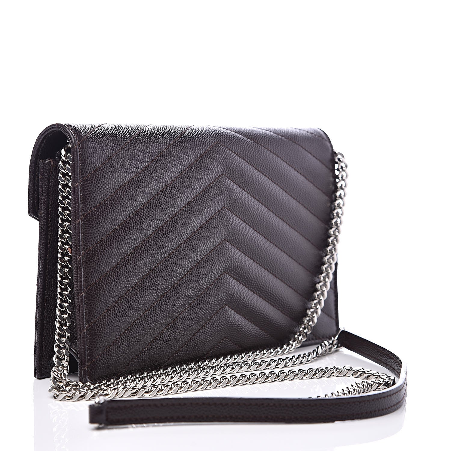 Saint Laurent Grain De Poudre Matelasse Chevron Monogram Envelope Chain Wallet Dark Brown 3 of 9