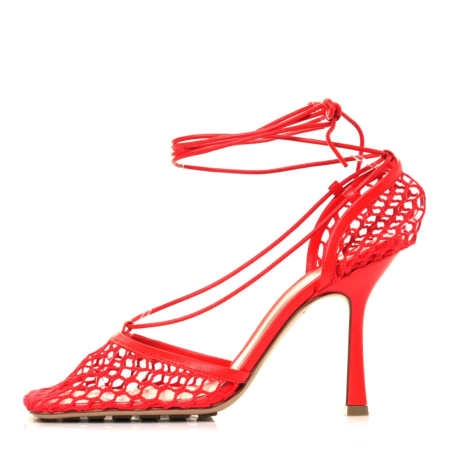 Bottega Veneta Mesh Nappa Stretch Ankle Tie Sandals 37.5 Tomato 1 of 9