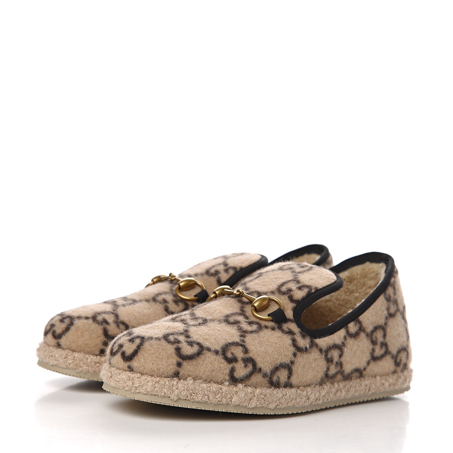 Covered Wool GG Monogram Womens Fria Horsebit Loafers 38 Beige Ebony Black Butterscotch