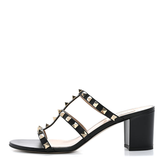 Calfskin Rockstud 60mm Caged Slide Sandals 38.5 Black