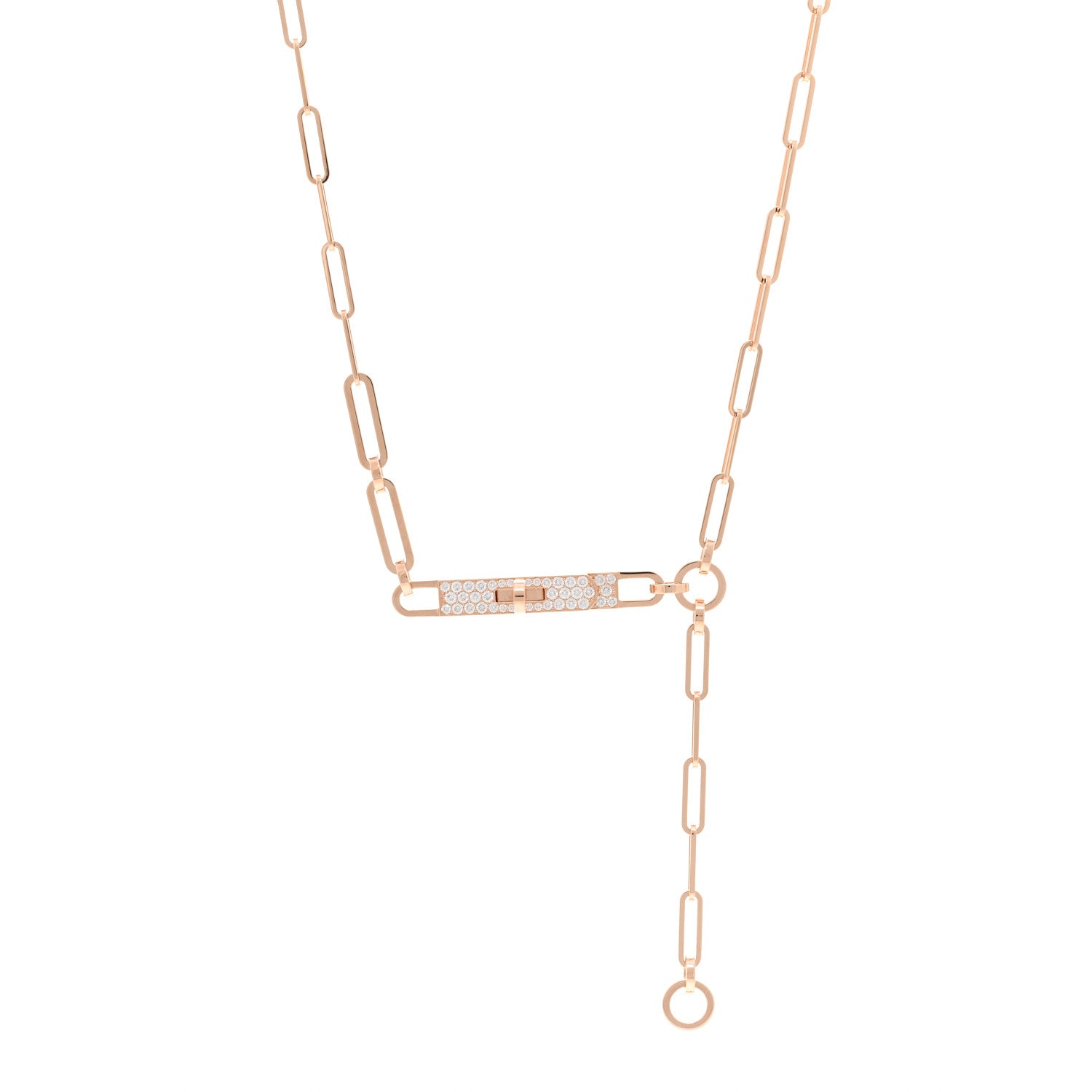 Hermes 18K Rose Gold Diamond Pave PM Kelly Chaine Lariat Necklace ST 1 of 4