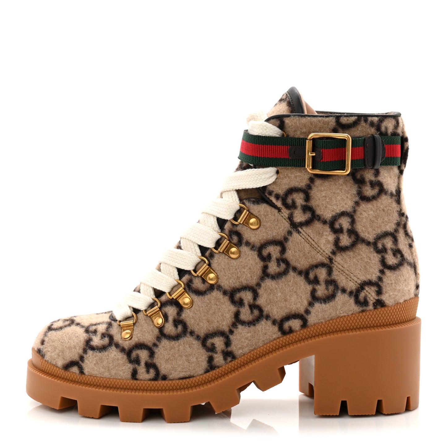 Covered Wool Big GG Monogram Womens Lace Up Combat Ankle Boots 39 Beige Ebony Cocoa