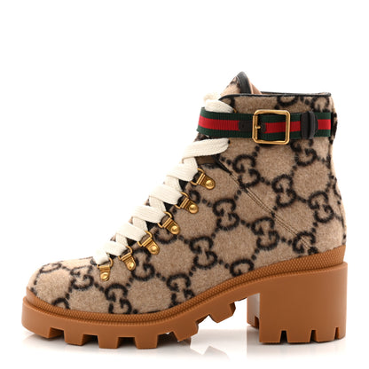 Gucci Covered Wool Big GG Monogram Womens Lace Up Combat Ankle Boots 39 Beige Ebony Cocoa 1 of 10