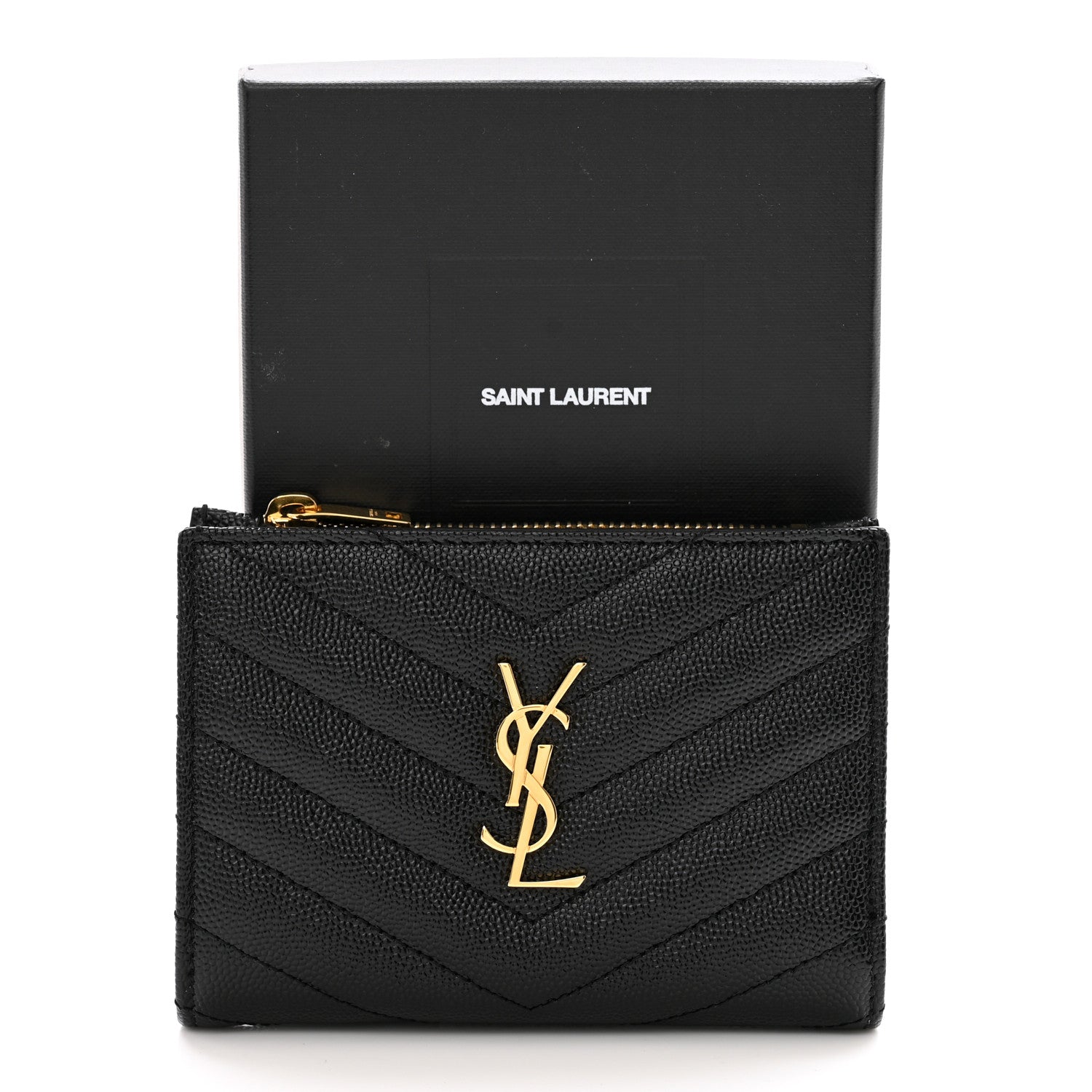Saint Laurent Grain De Poudre Matelasse Chevron Monogram Zipped Card Case Black 10 of 10
