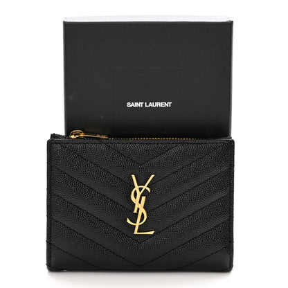 Saint Laurent Grain De Poudre Matelasse Chevron Monogram Zipped Card Case Black 10 of 10