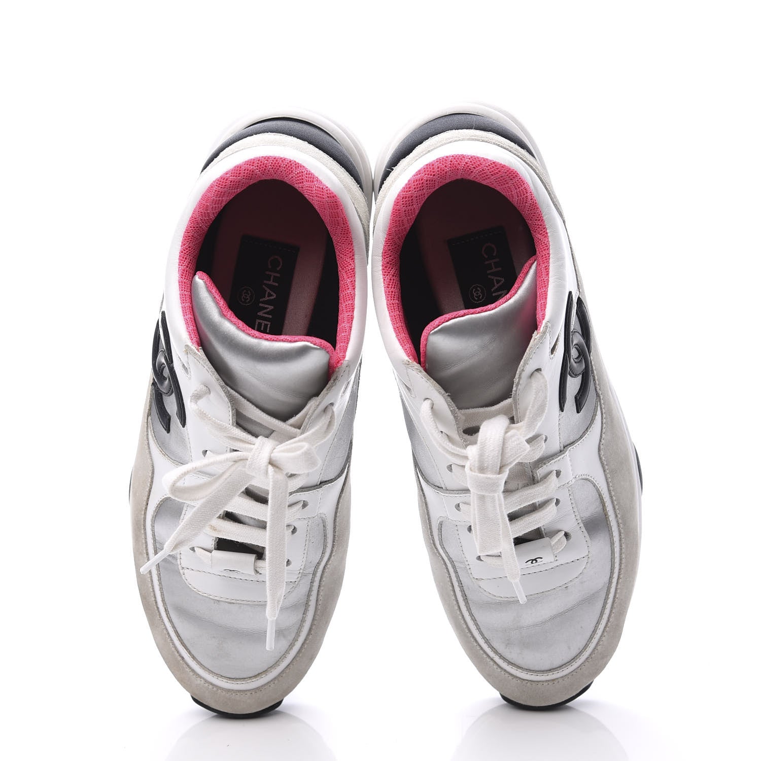 Chanel Calfskin Fabric Sneakers 38 White Silver Fluo Pink 5 of 10