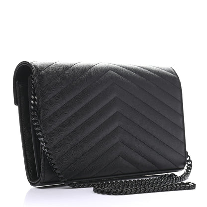 Saint Laurent Grain De Poudre Matelasse Chevron Monogram Chain Wallet Black 2 of 7
