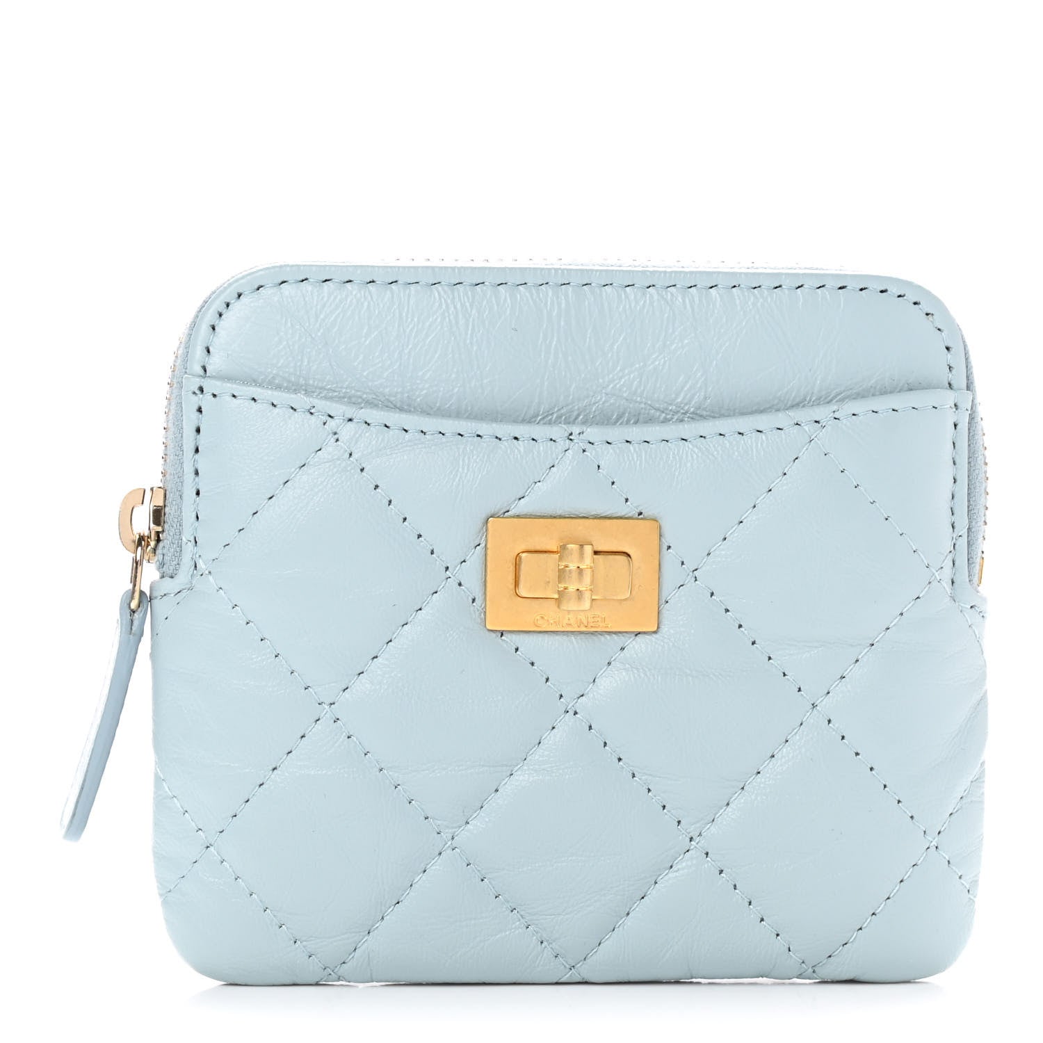 Chanel Aged Calfskin Quilted Chanel Reissue Zip Card Holder Wallet Light Blue 1 of 8