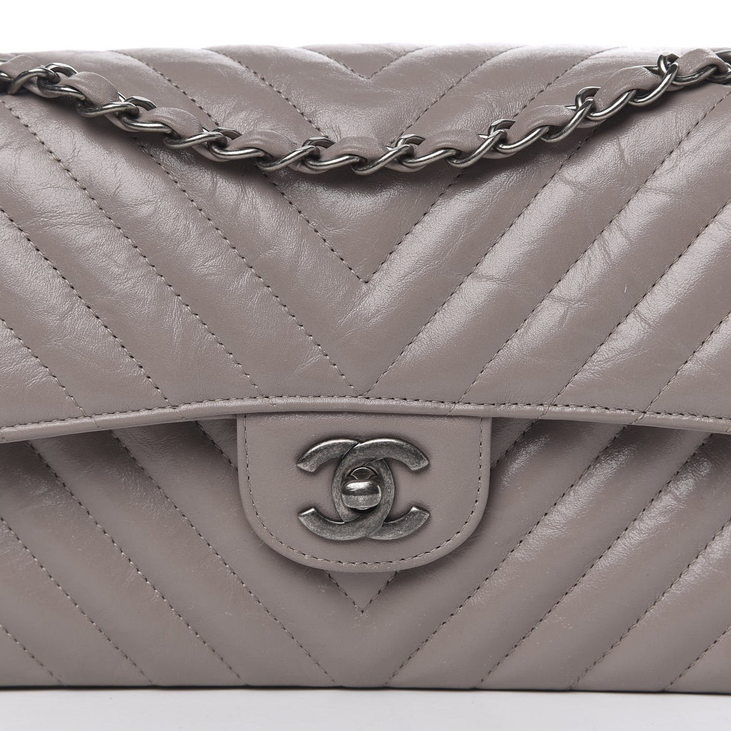 Aged Calfskin Chevron Quilted Small Double Flap Grey