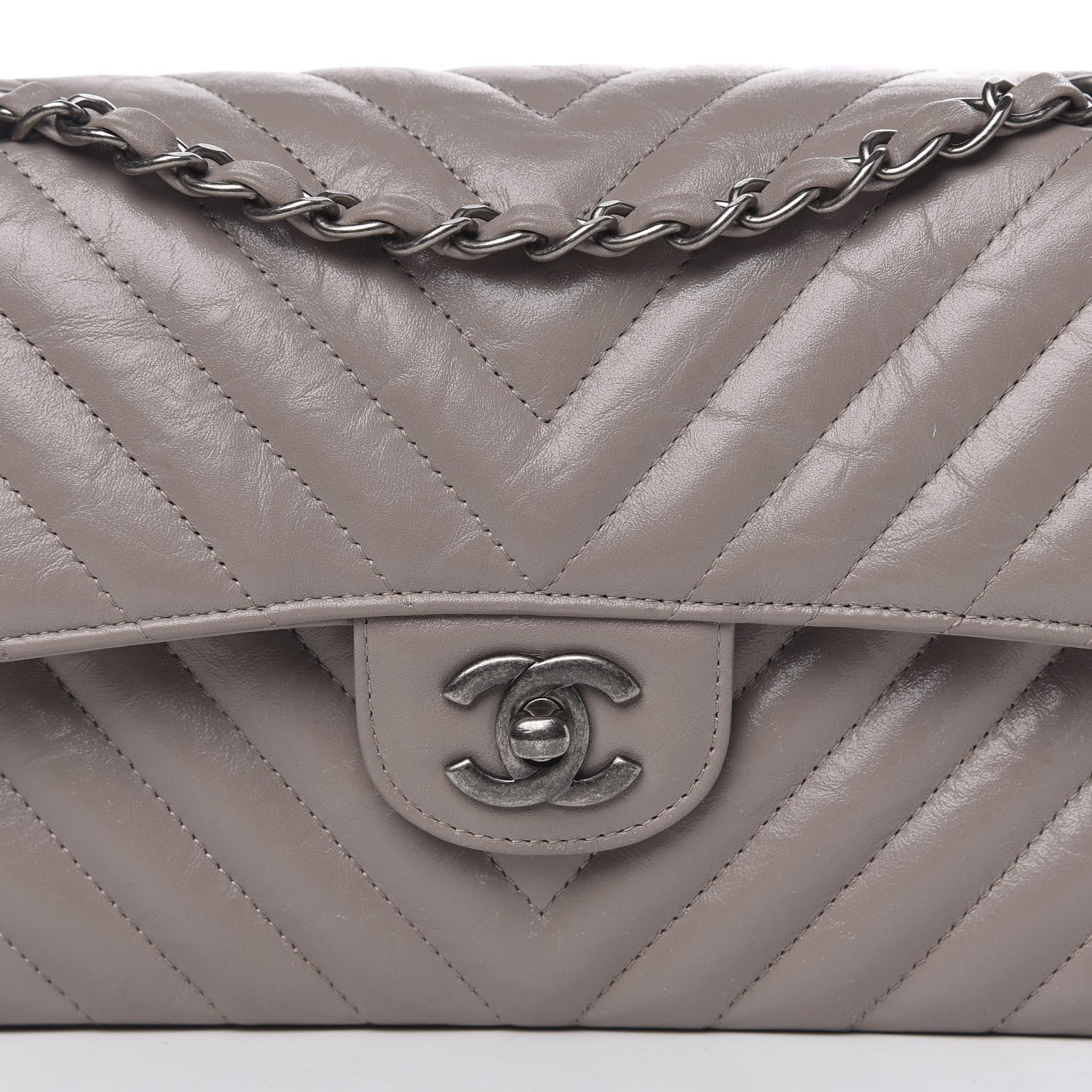 Chanel Aged Calfskin Chevron Quilted Small Double Flap Grey 10 of 10
