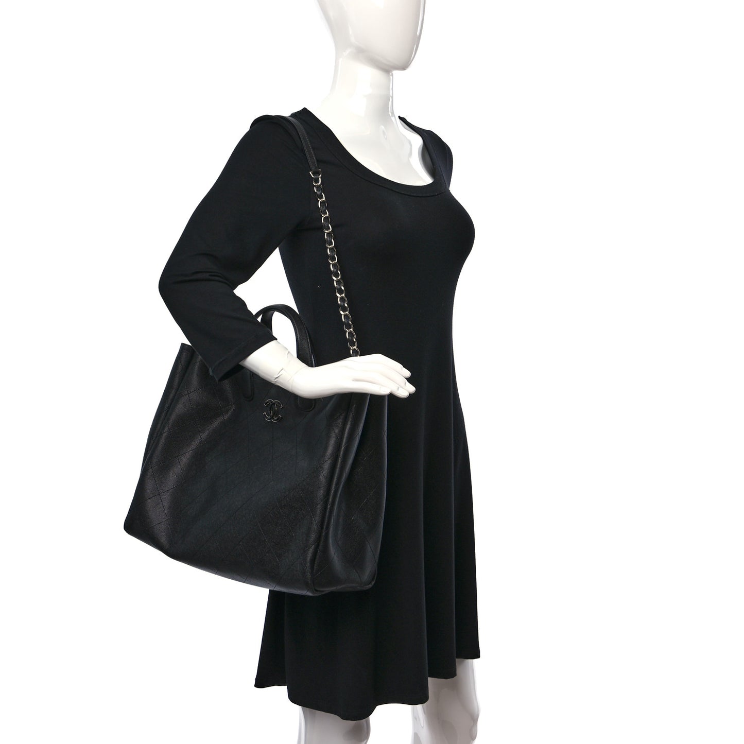 Caviar Stitched Large Lady Coco Shopping Tote Black