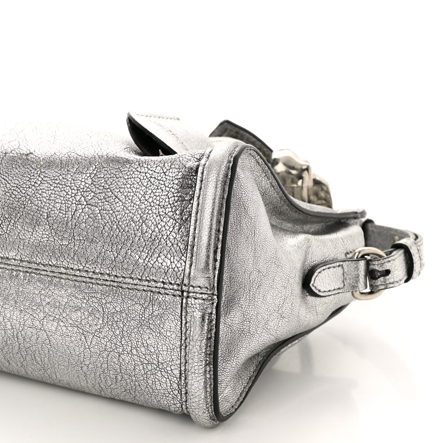 Metallic Pebbled Calfskin Mini Padlock Tote Silver