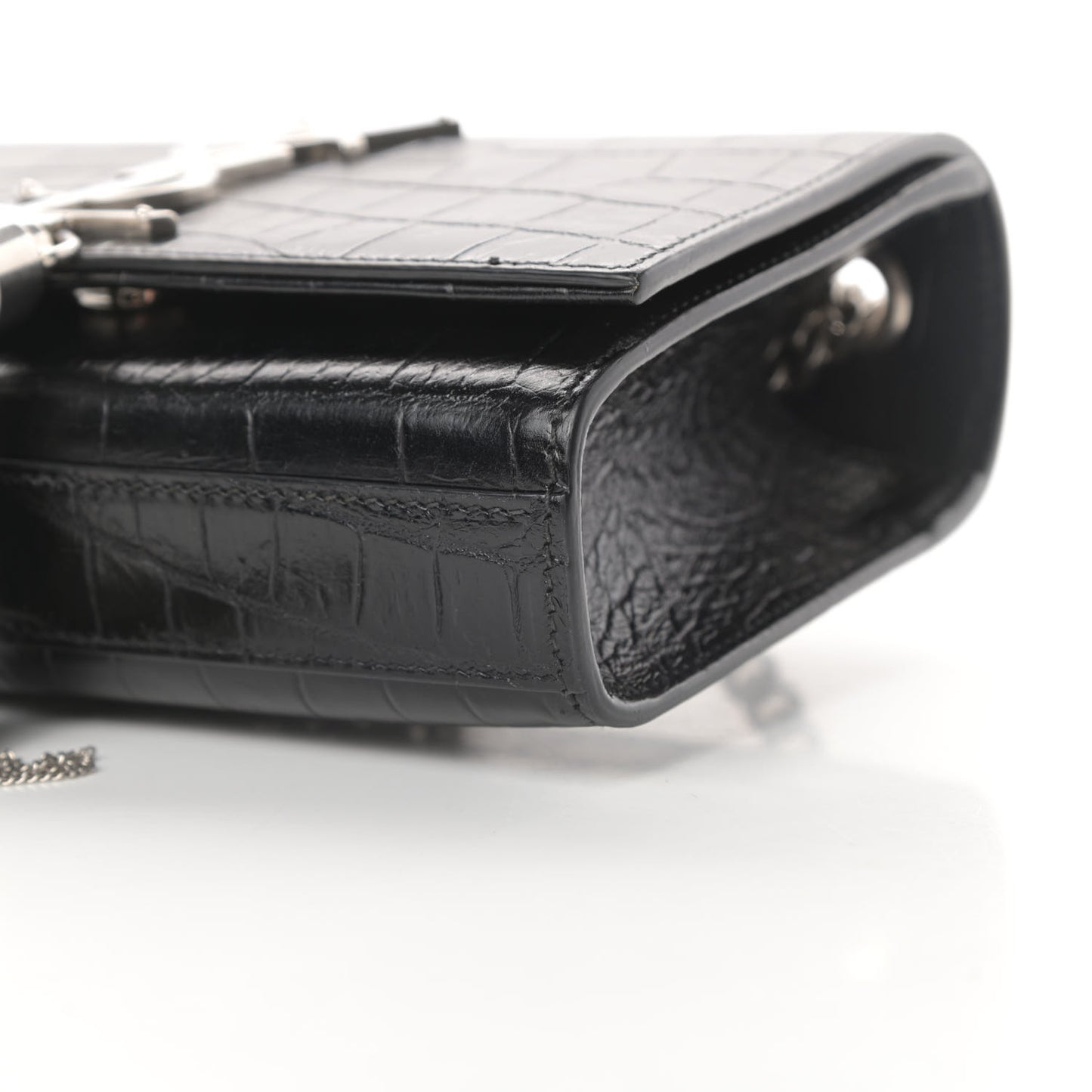 Calfskin Crocodile Embossed Small Classic Monogram Tassel Satchel Black