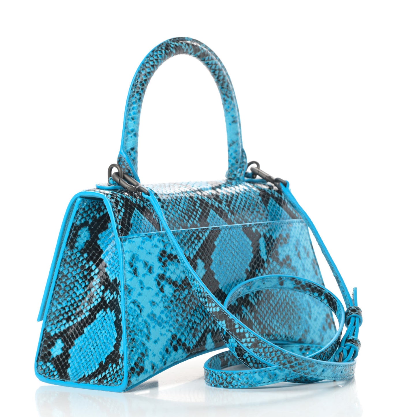 Shiny Calfskin Python Effect Small Hourglass Top Handle Bag Azur Black