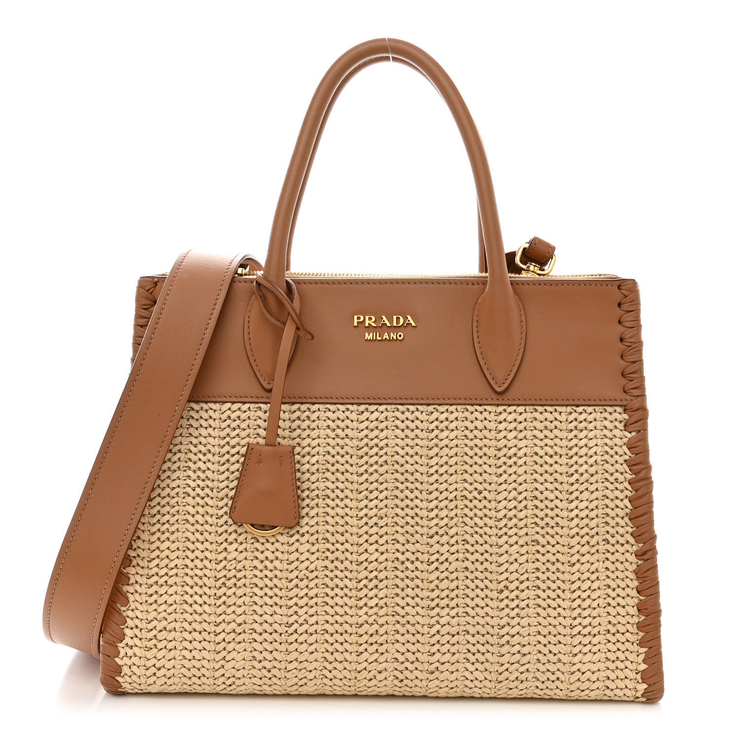 Prada Raffia City Calfskin Whipstitch Medium Paradigme Bag Naturale Caramel 1 of 22