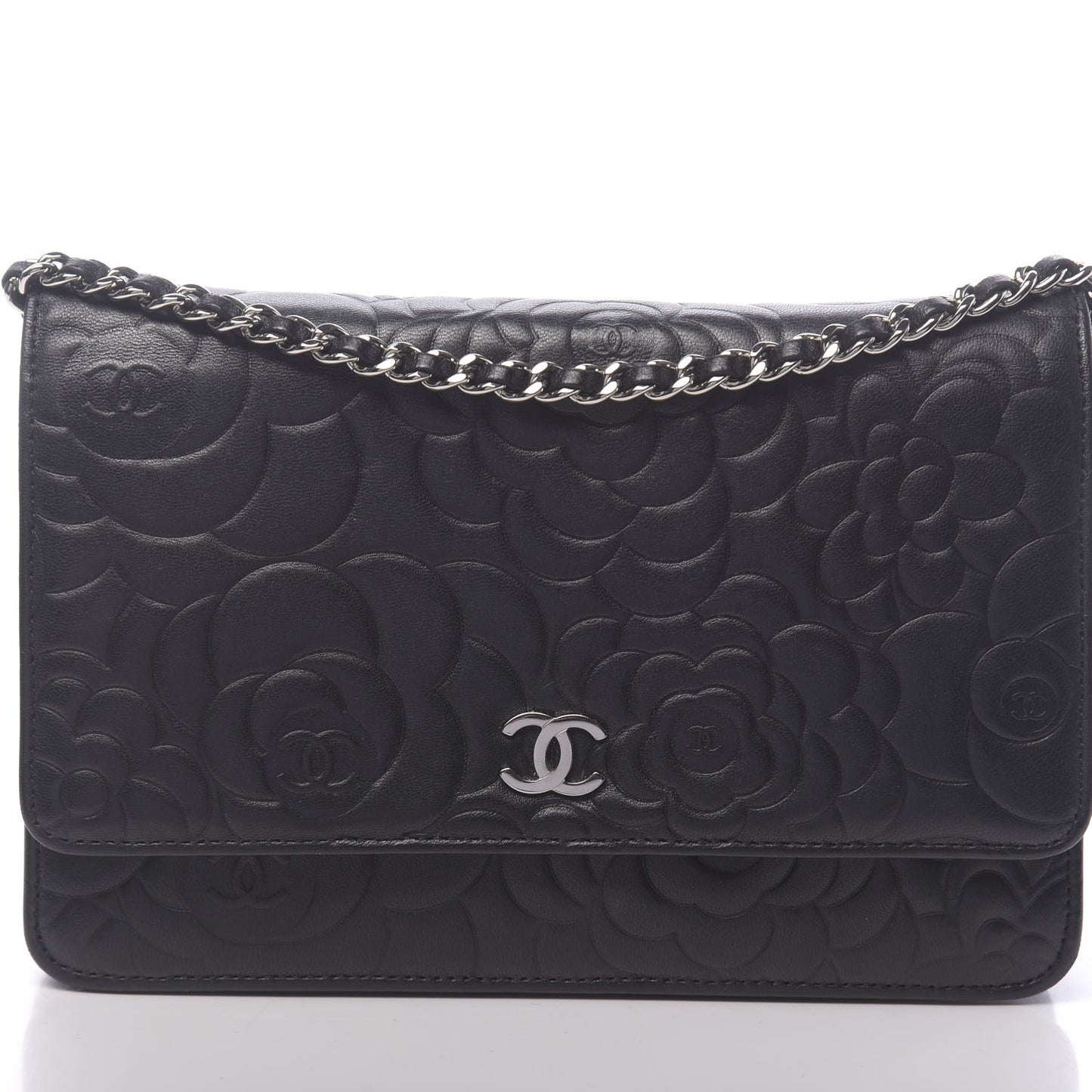 Lambskin Camellia Embossed Wallet on Chain WOC Black