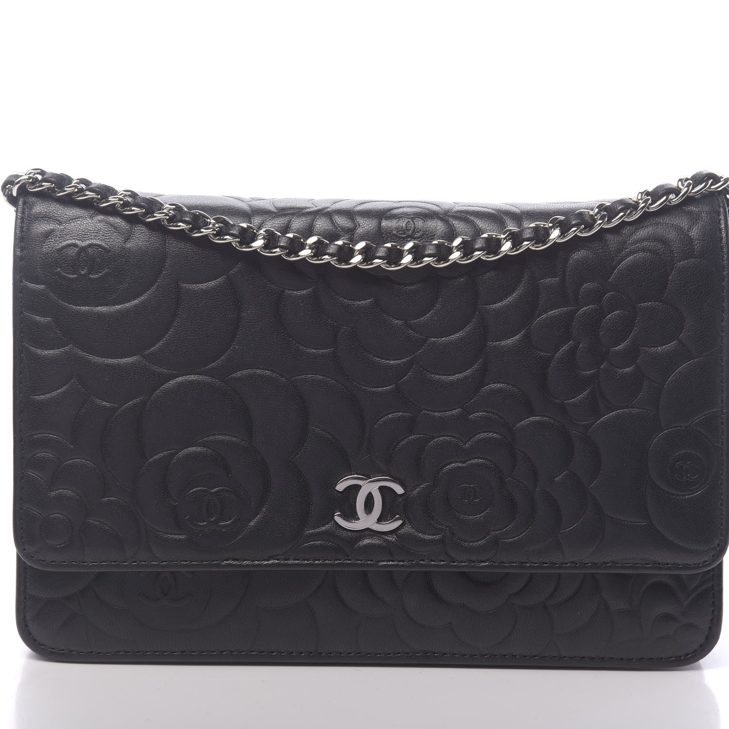 Chanel Lambskin Camellia Embossed Wallet on Chain WOC Black 10 of 13